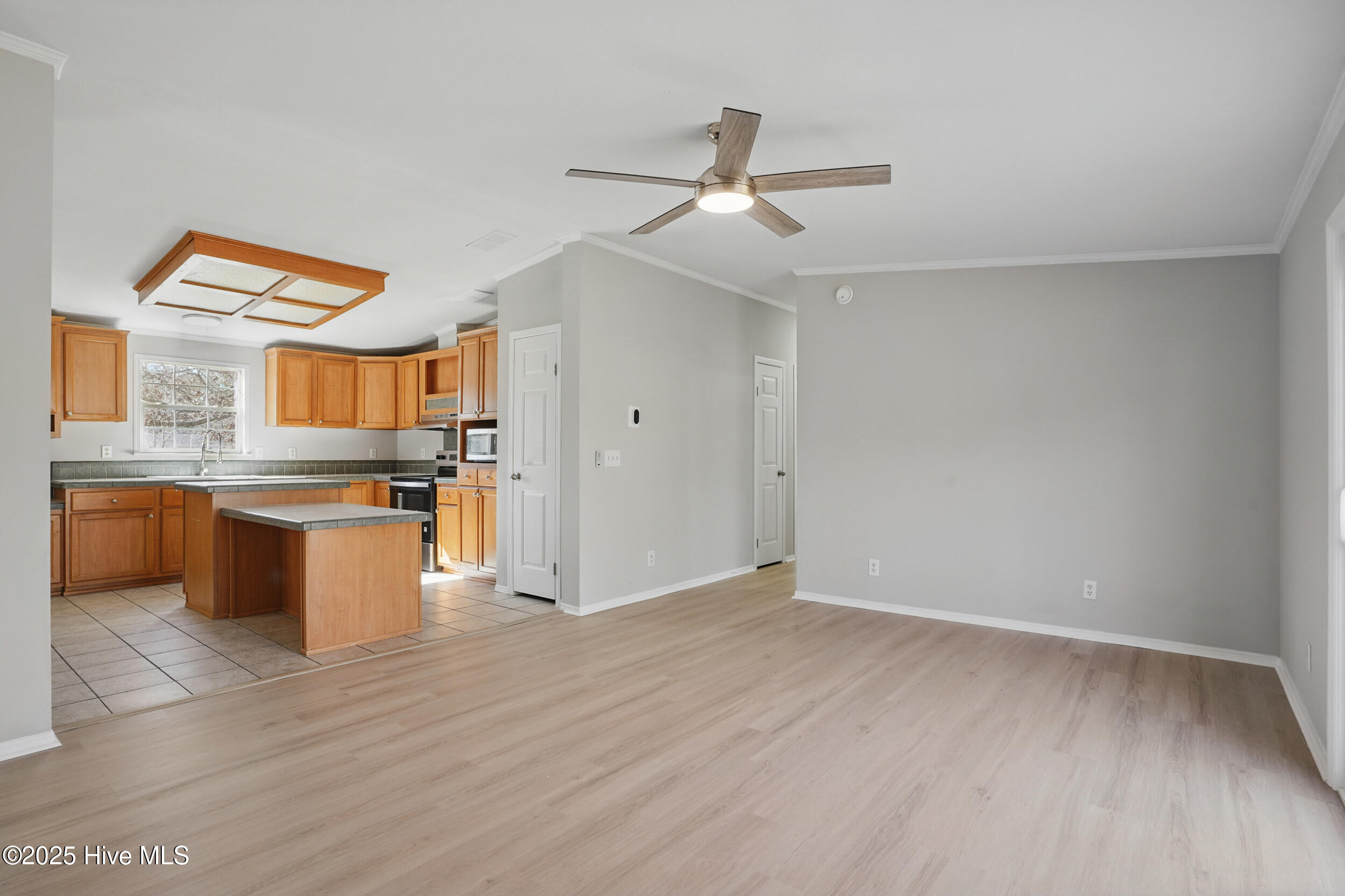 Open-plan living room and kitchen with a wood-cabinet island and ceiling fan.