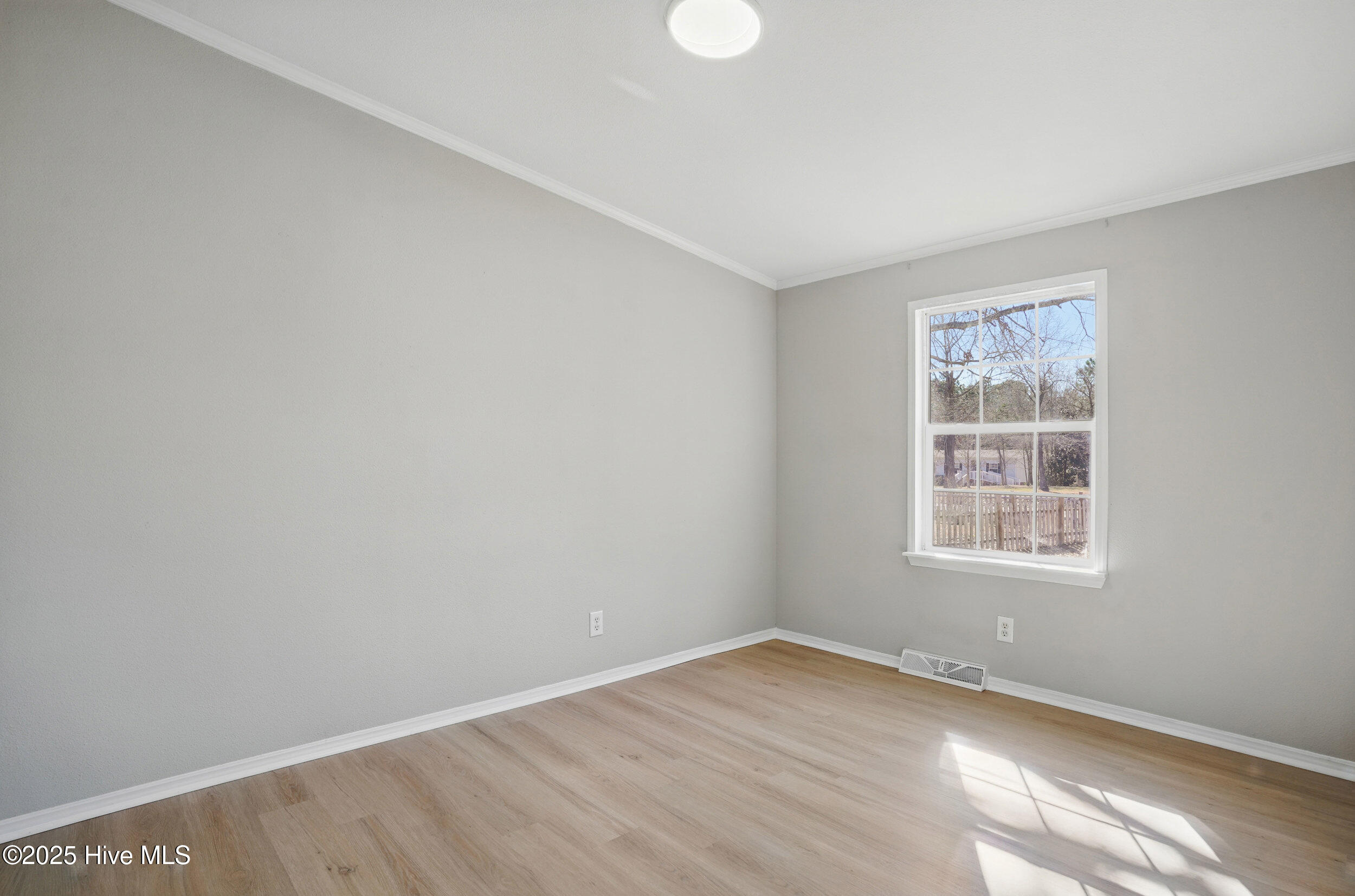 Empty room with gray walls, light wood-look flooring, and a sunny multi-pane window.