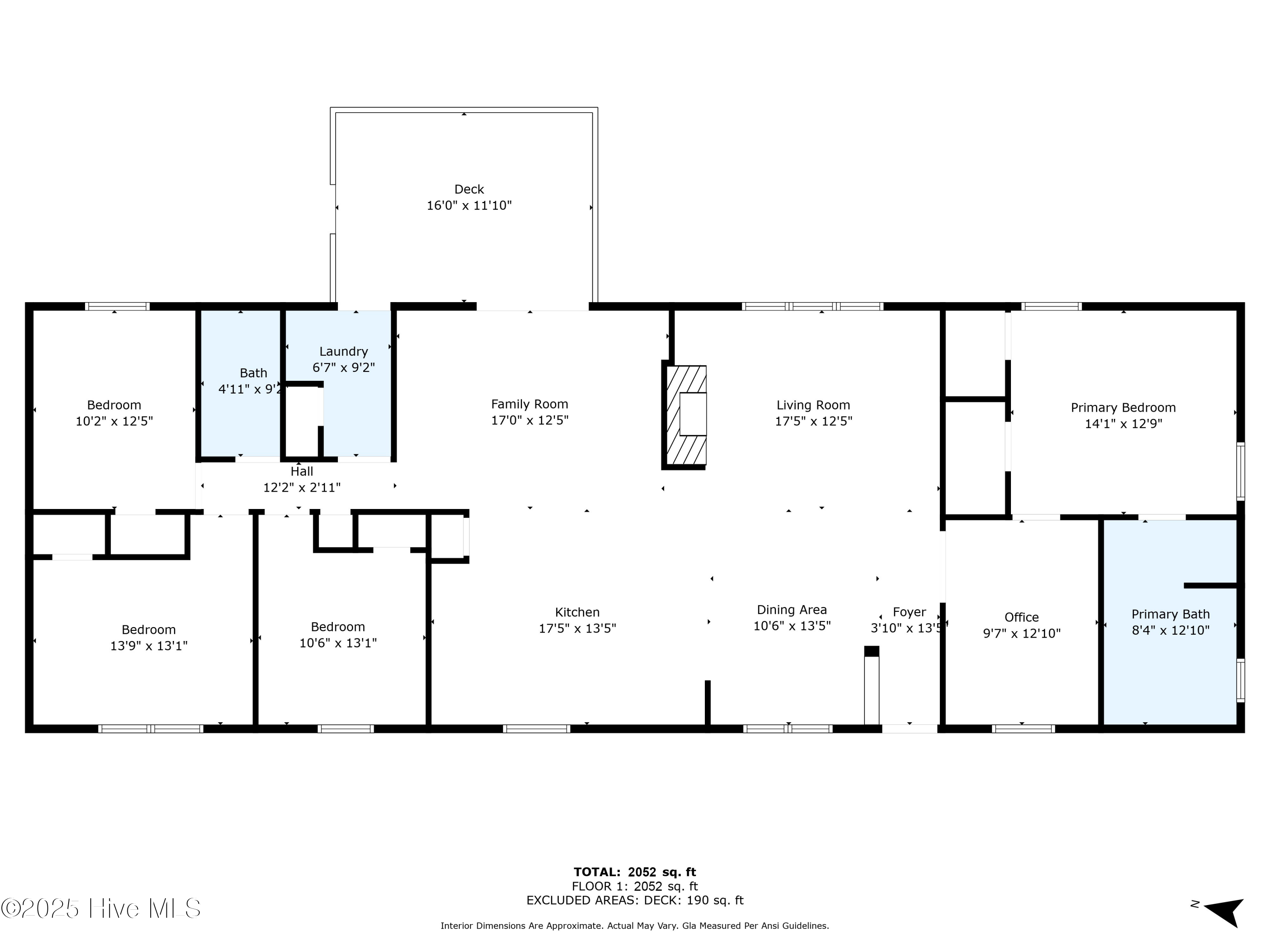 Single-story home floor plan with four bedrooms, an office, open living areas, and a deck.