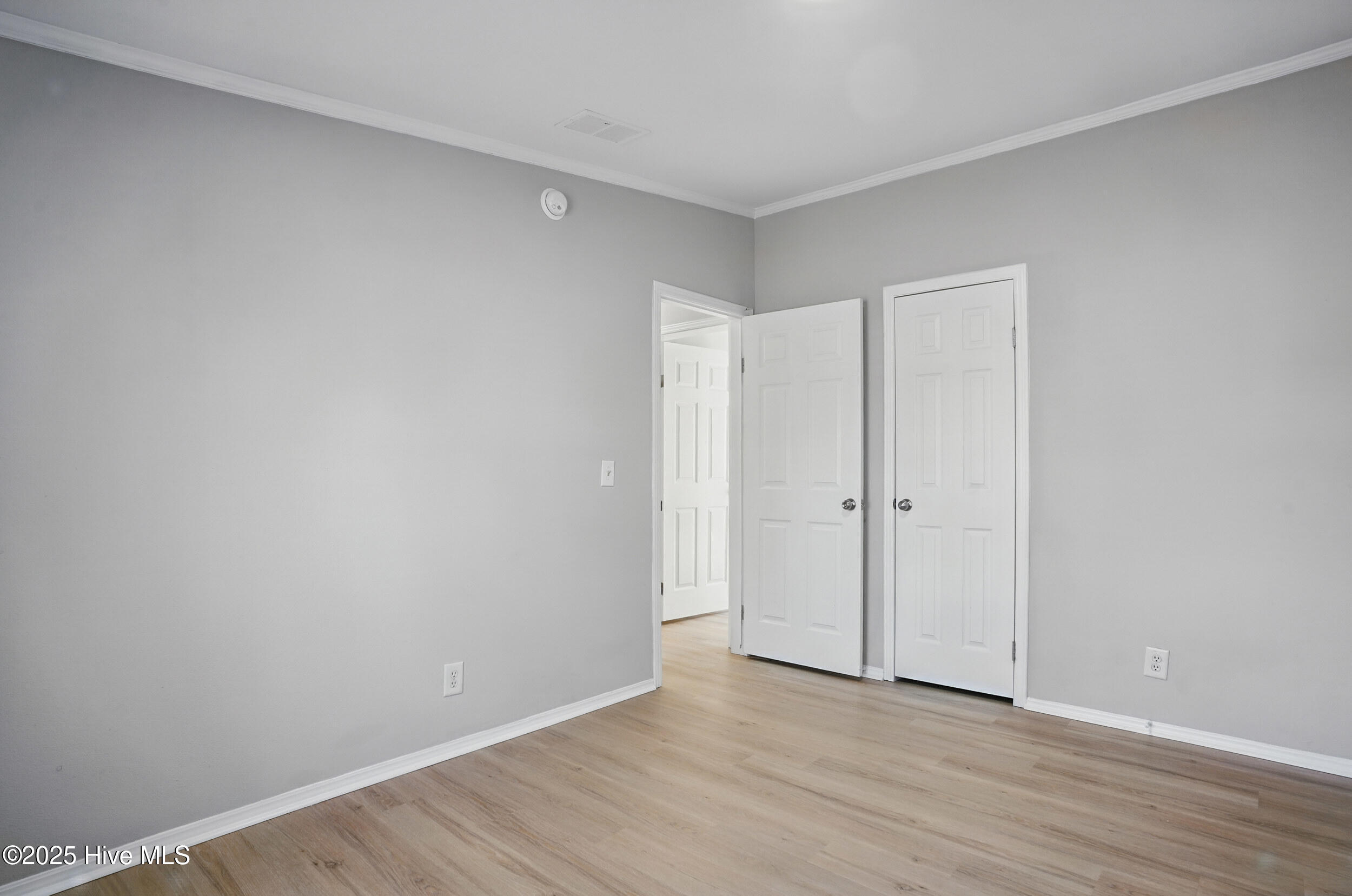 Empty room with gray walls, light wood flooring, and two white doors, one open.