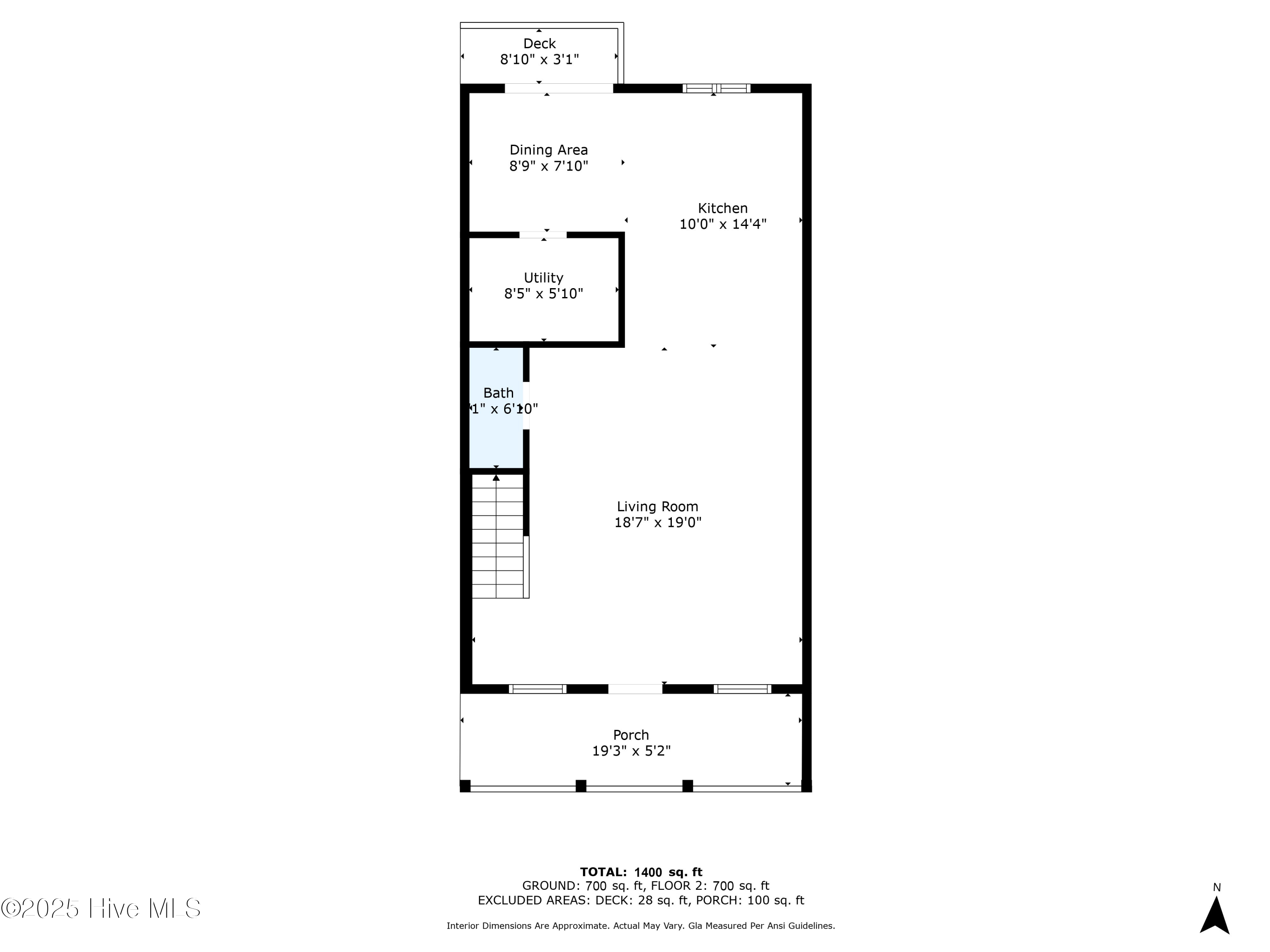 Ground-floor plan showing a living room, kitchen, dining area, utility room, bath, porch, and deck.