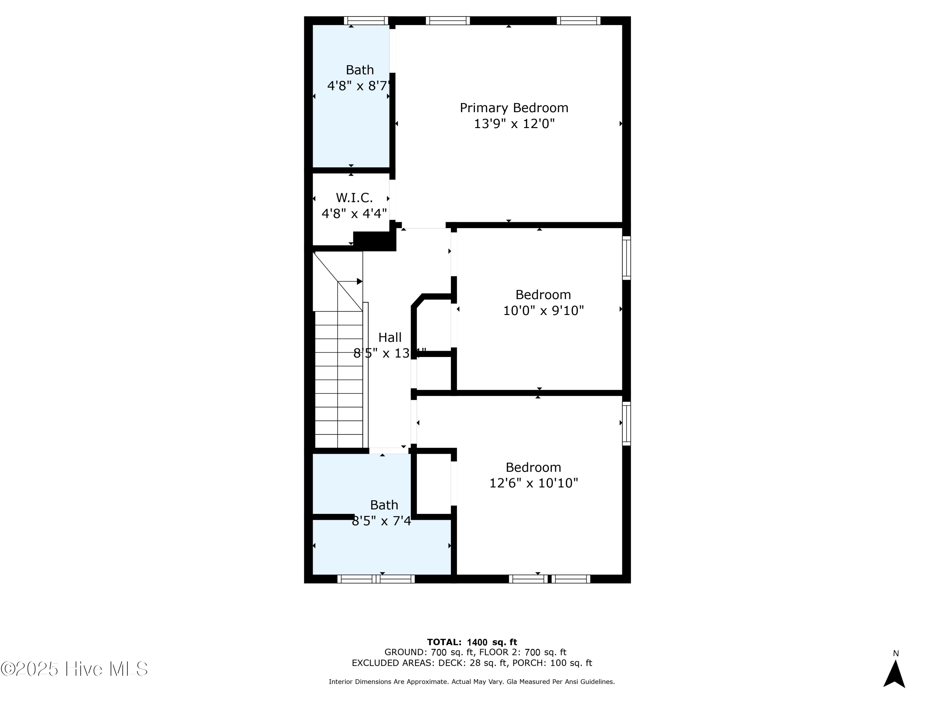 Second-floor plan with a primary bedroom, two bedrooms, two baths, walk-in closet, hall, and stairs.