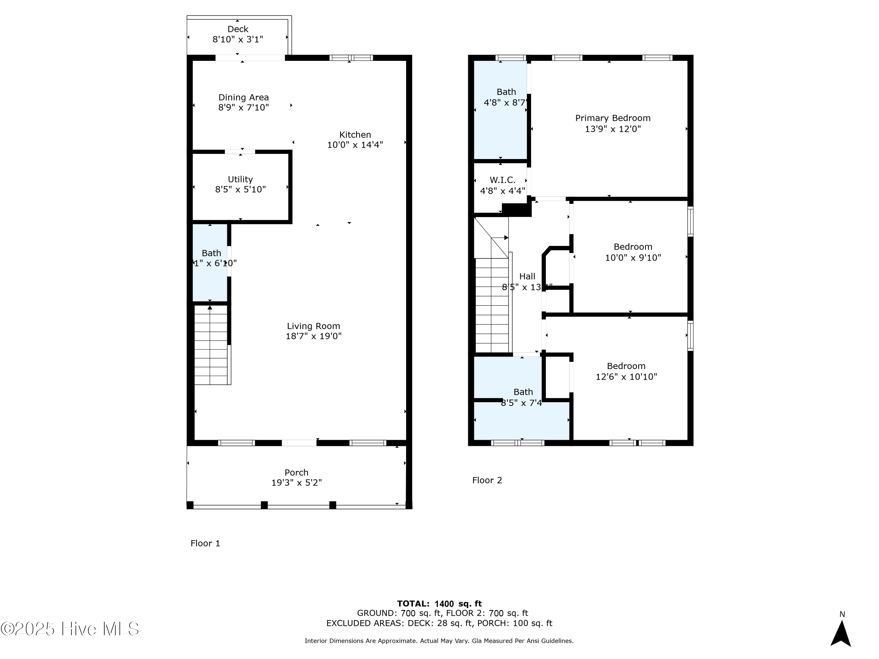 Two-story floor plan showing three bedrooms, living and dining areas, kitchen, porch, and deck.