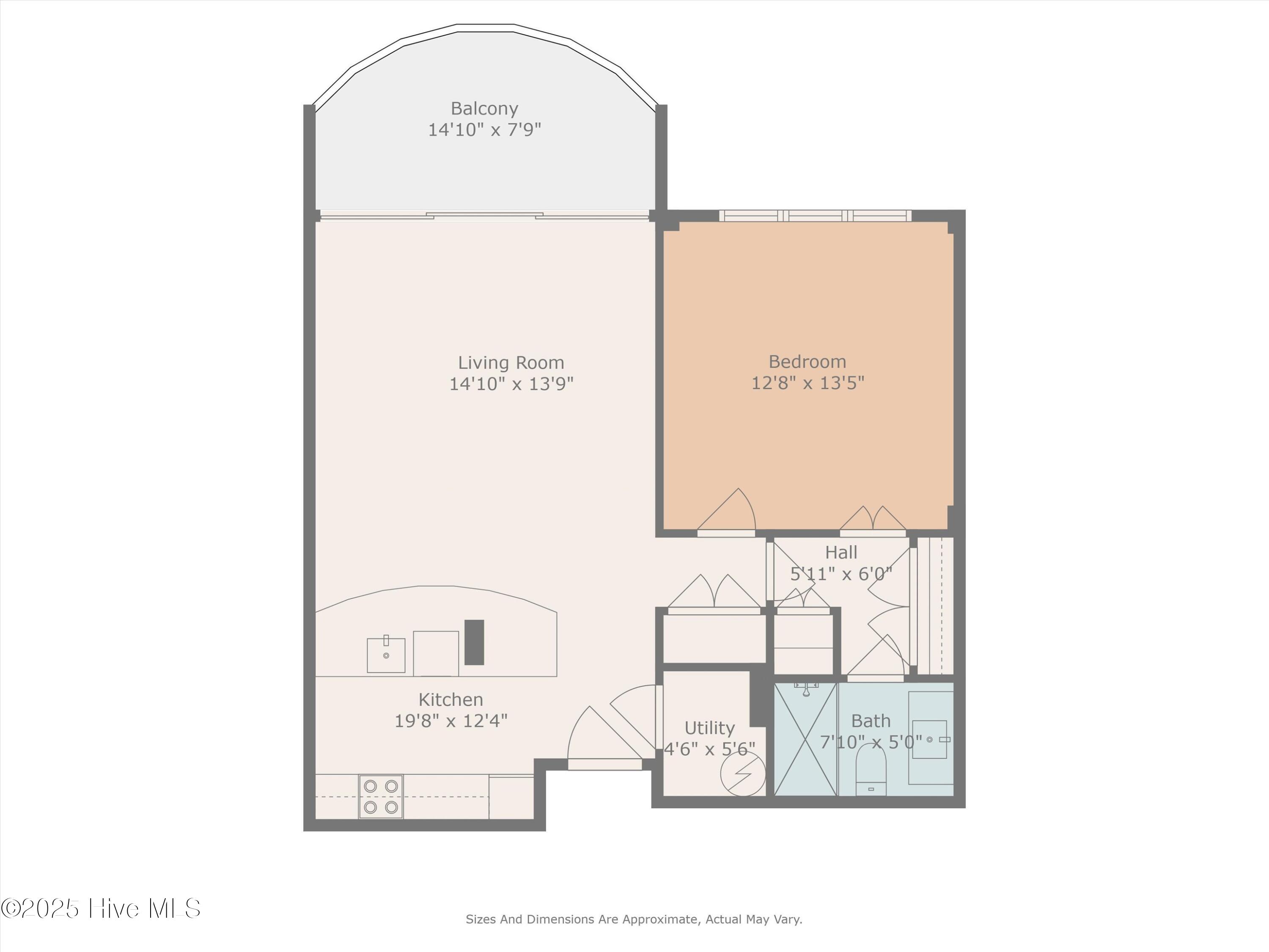 One-bedroom floor plan with a balcony, open living room and kitchen, utility room, and bathroom.