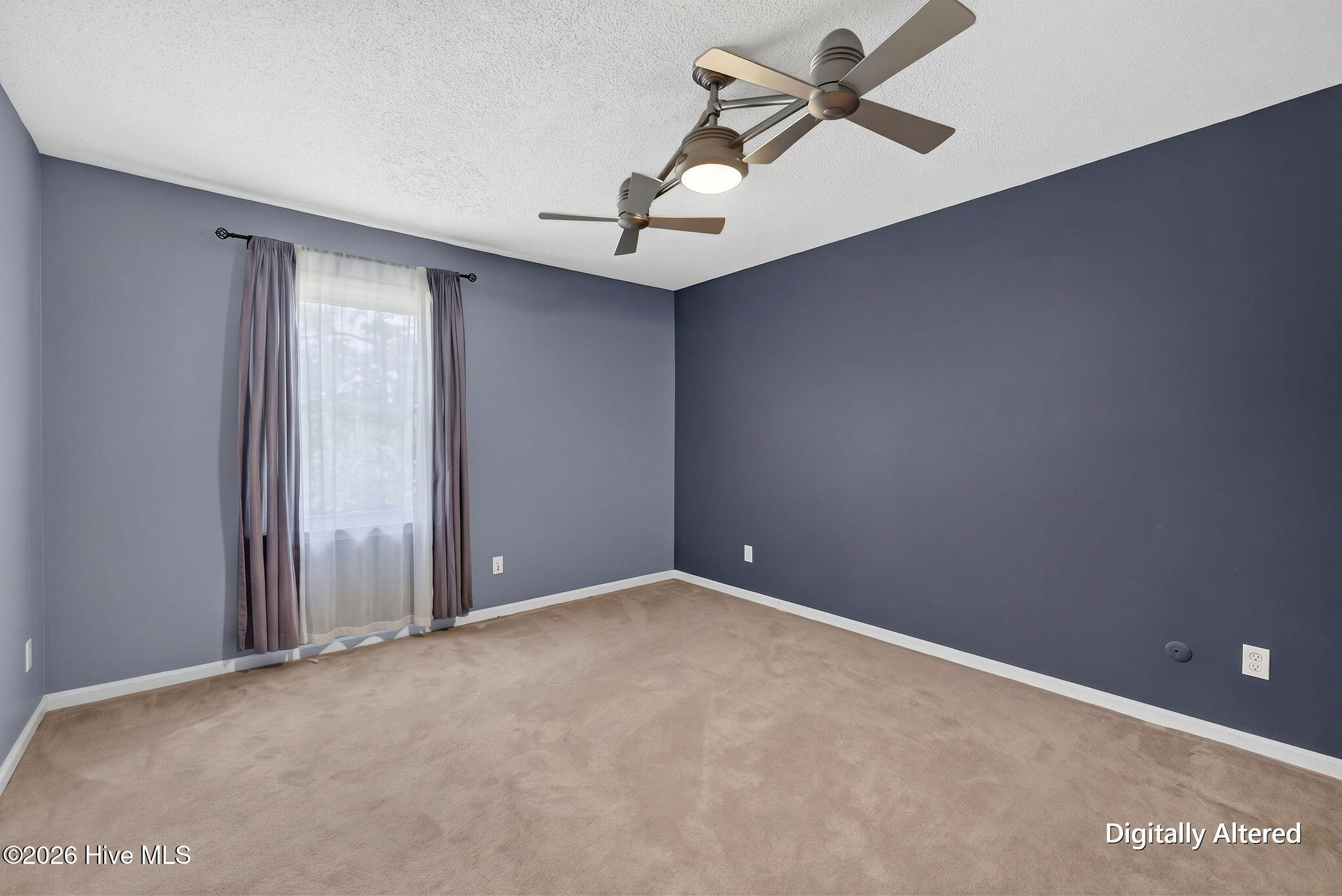 Empty bedroom with beige carpet, blue-gray walls, a curtained window, and two ceiling fans.