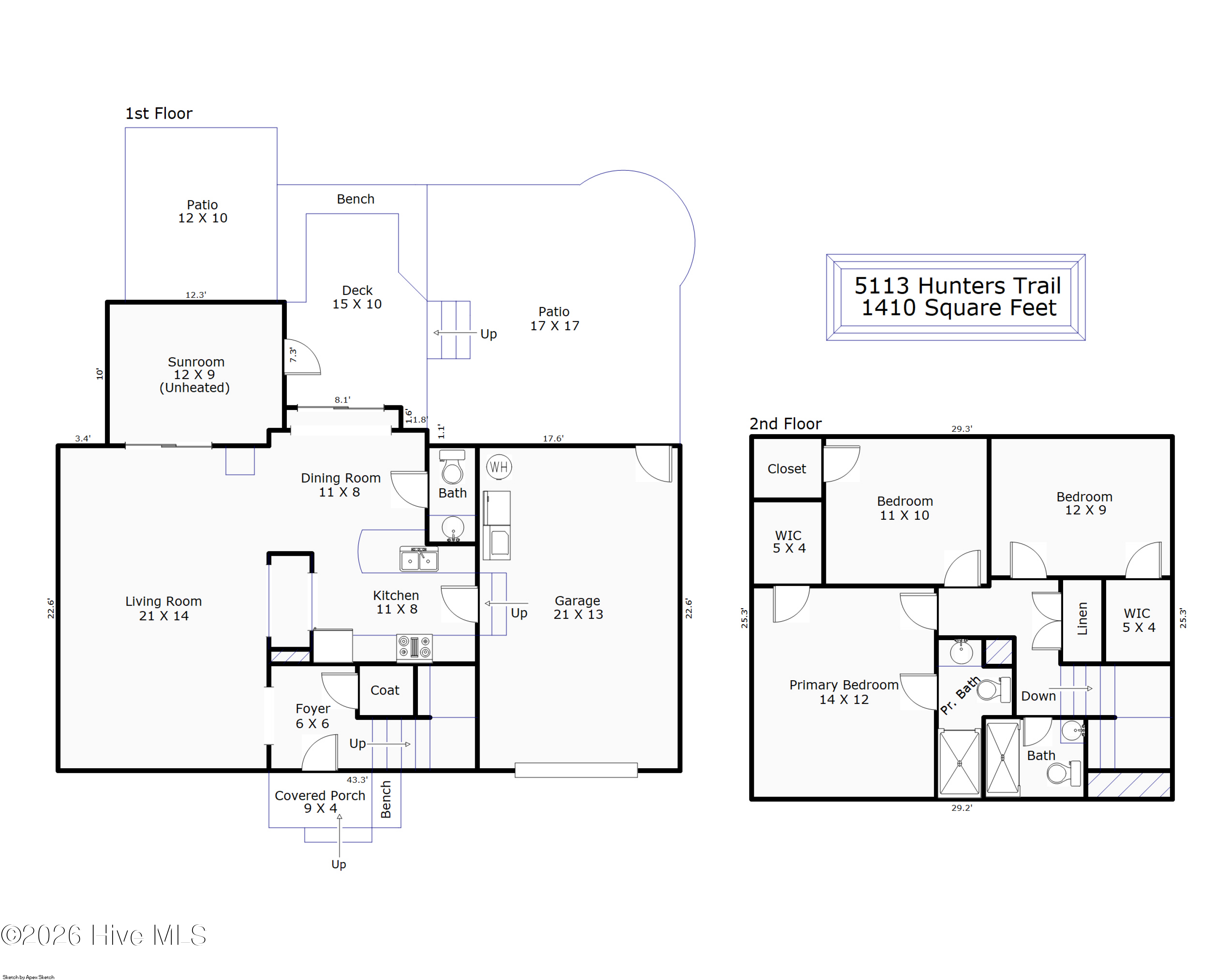 Two-story floor plan for 5113 Hunters Trail, with 1,410 square feet, a sunroom, multiple outdoor spaces, and three upstairs bedrooms.