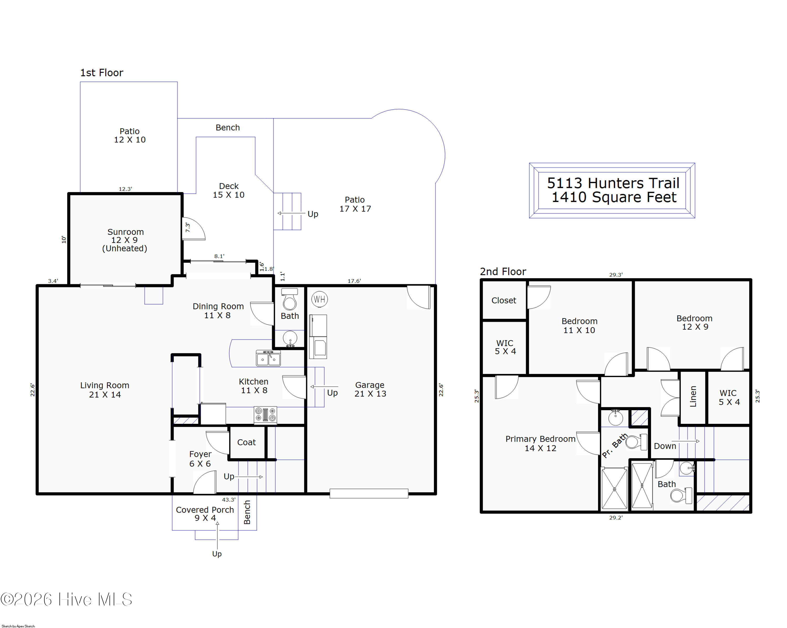 Two-story floor plan for 5113 Hunters Trail, with room labels, dimensions, patios, deck, and garage.
