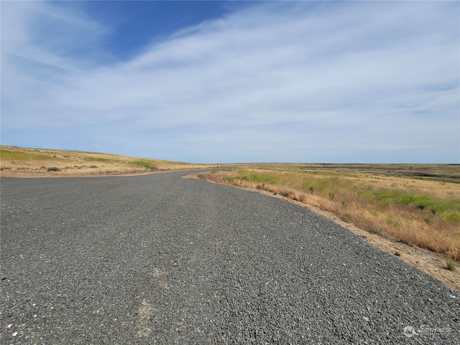 Open grassland lot with a broad gravel road curving through dry rolling terrain.