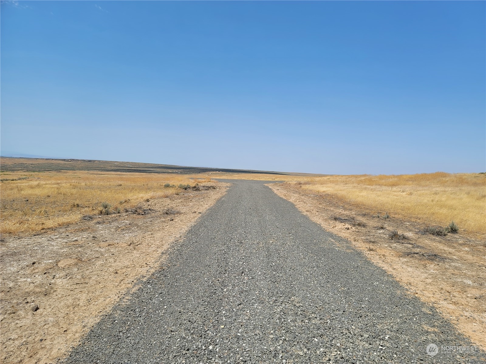 Gravel access road through open dry grassland beneath a clear blue sky.