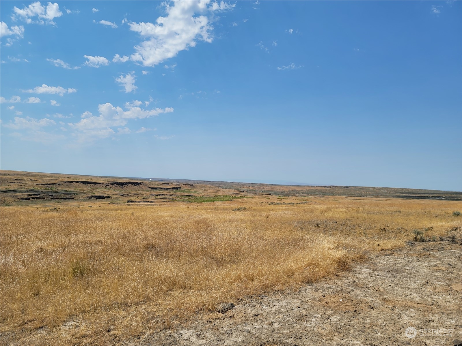 Open dry grassland lot with rolling terrain and a broad, cloud-dotted blue sky.