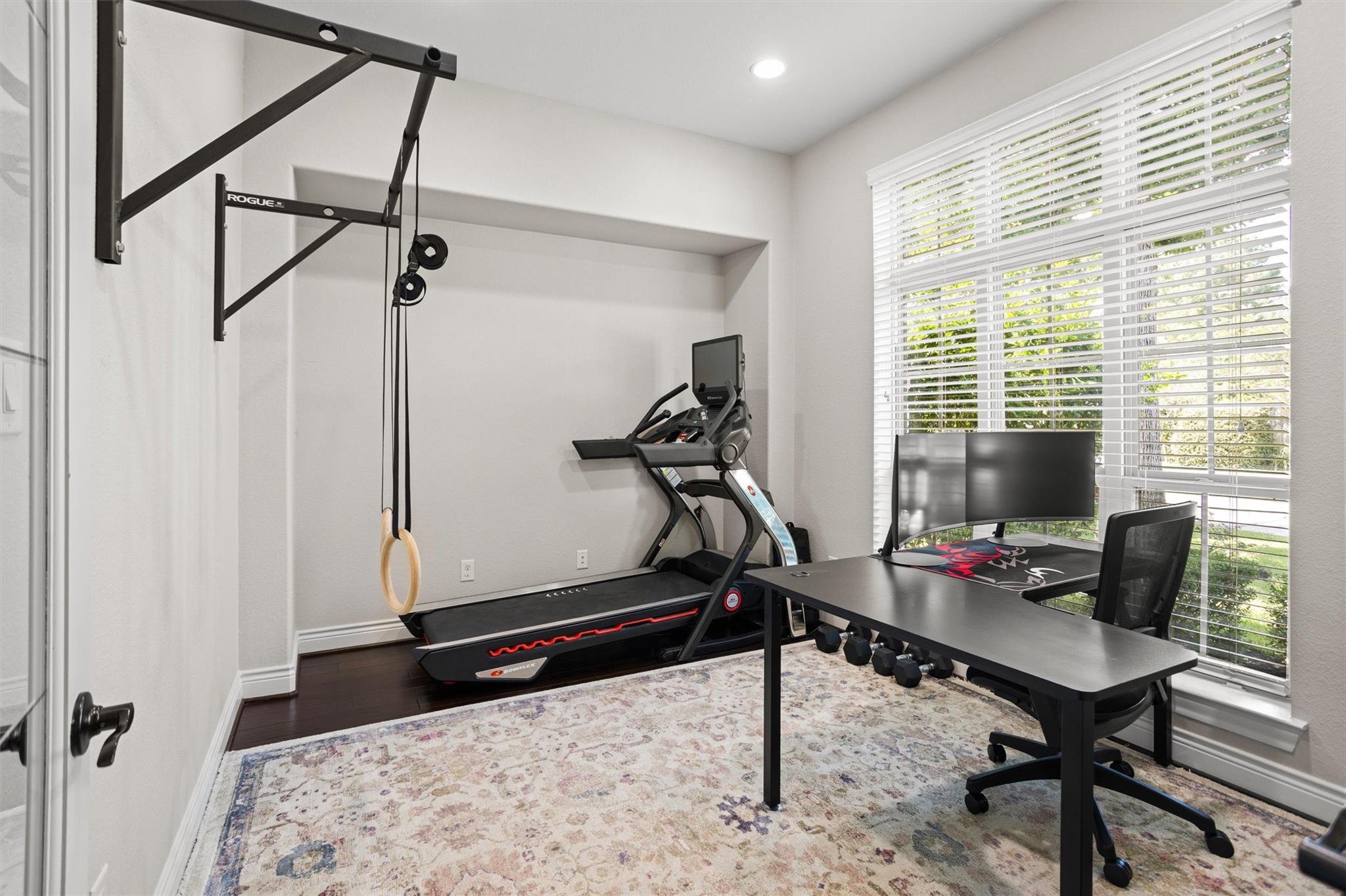 Home office and gym with a desk, treadmill, elliptical, and wall-mounted pull-up rack beside large windows.