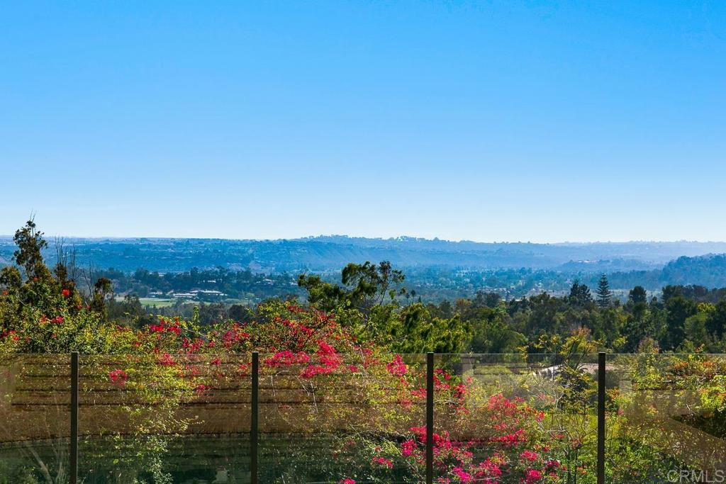 Valley view from the property, framed by flowering shrubs and a glass fence.