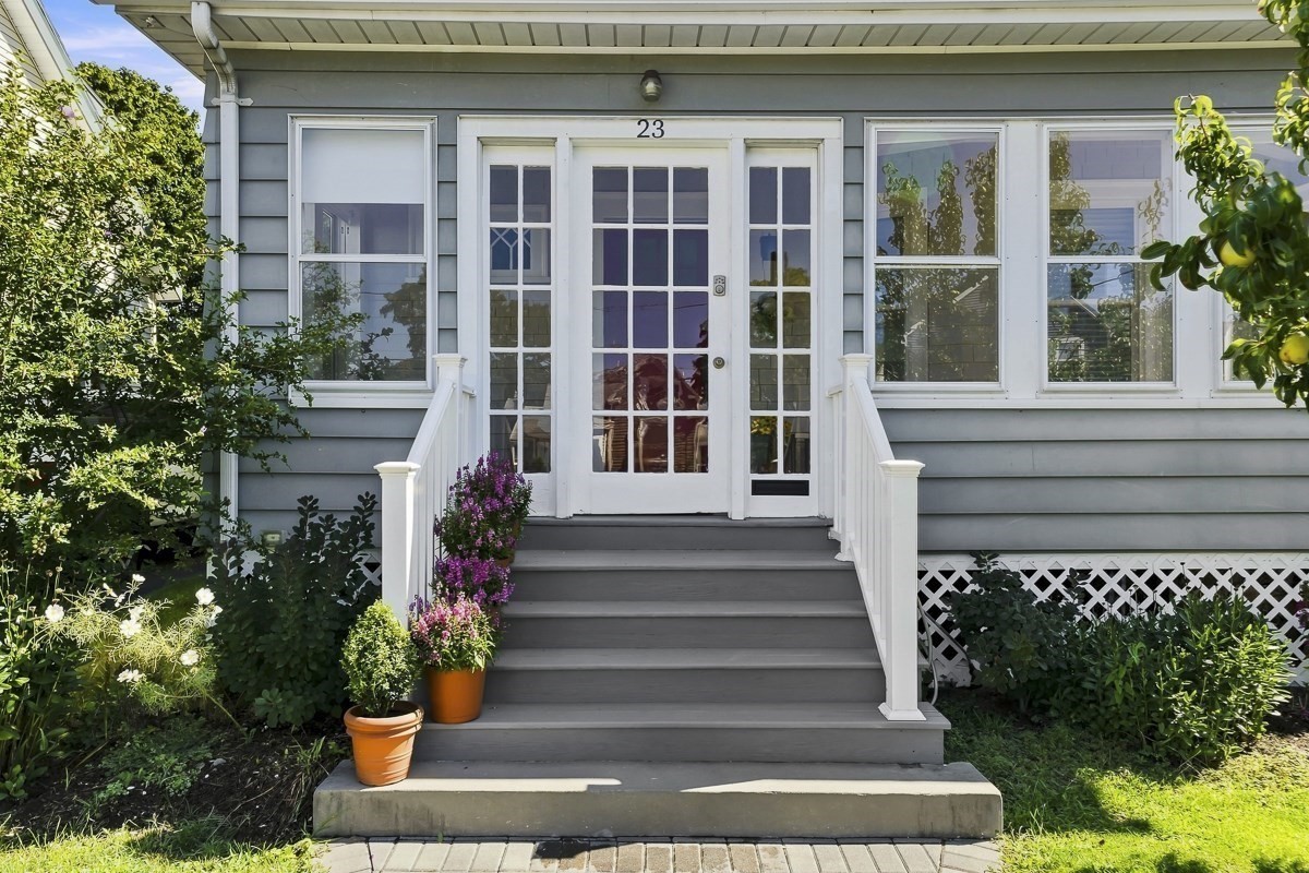 Home entrance with a white glass-paneled door, broad gray steps, and potted flowers.