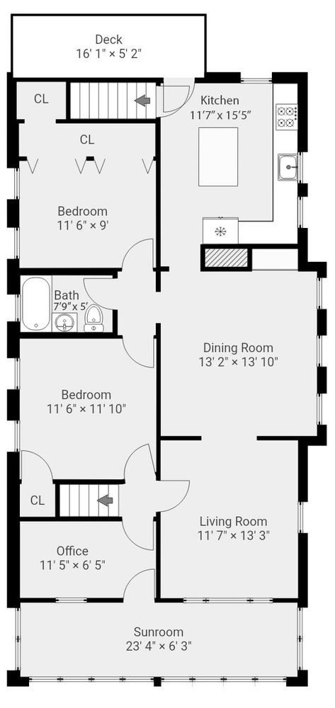 Two-bedroom floor plan with deck, sunroom, office, and connected living and dining rooms.