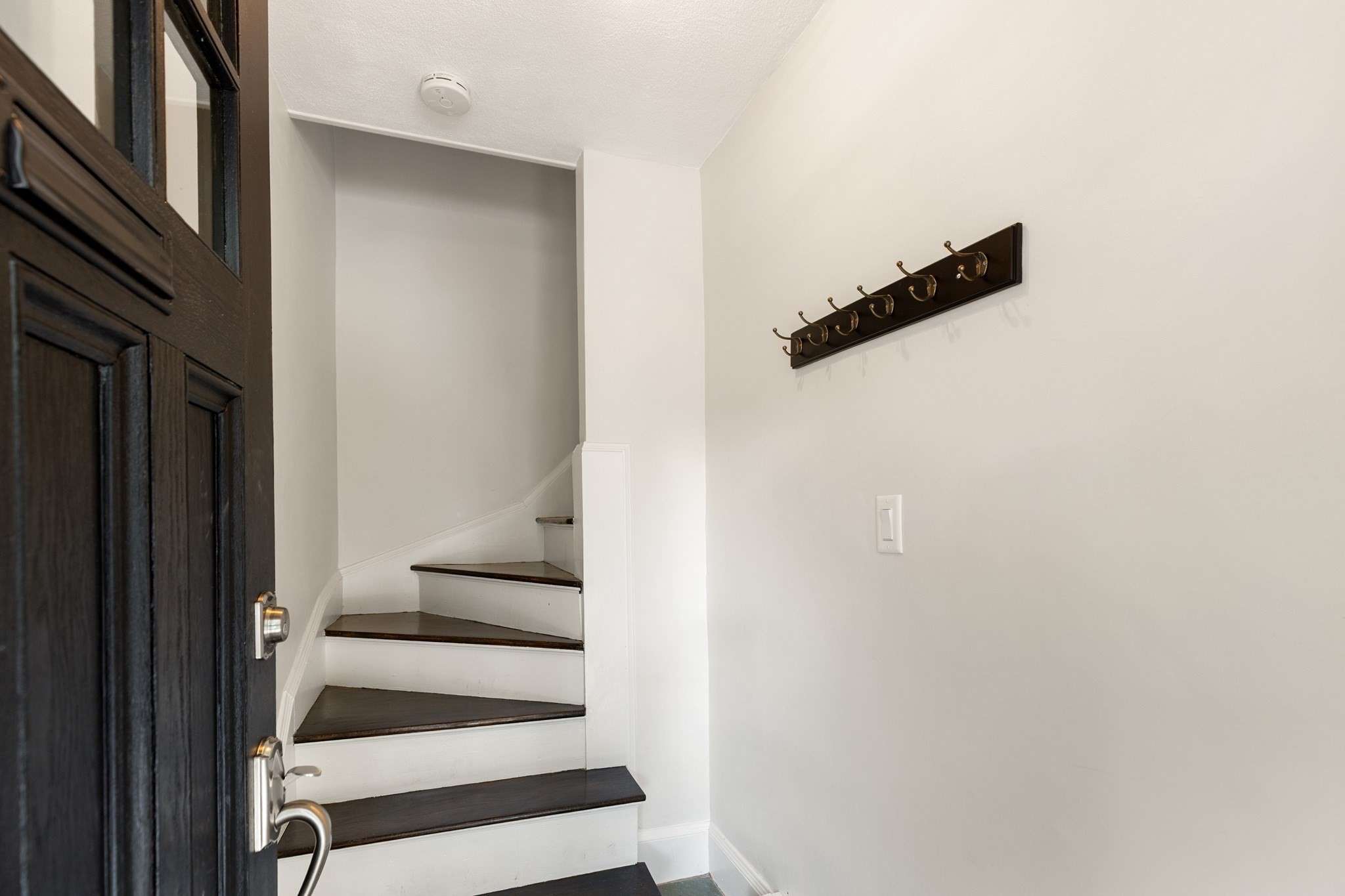 Entryway staircase with dark wood treads, white risers, and a row of wall hooks beside the paneled front door.