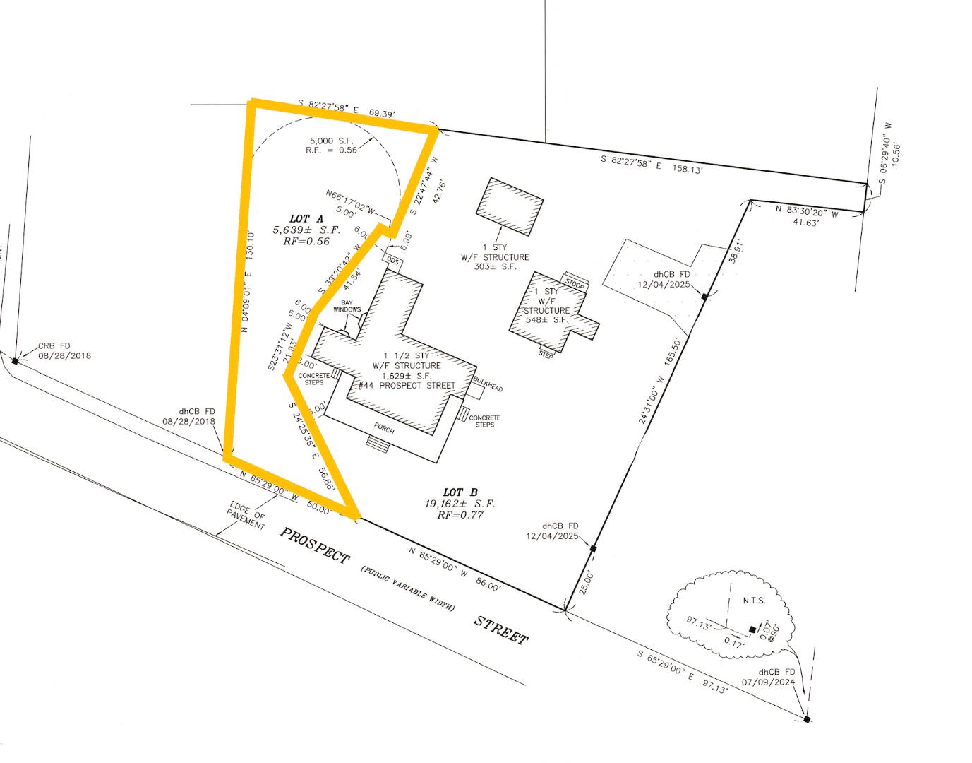 Survey plan highlighting Lot A at 44 Prospect Street, with boundaries, dimensions, and existing structures.