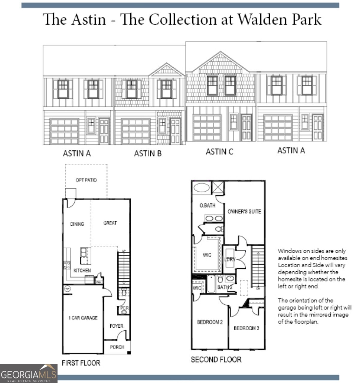 The Astin townhome elevations and first- and second-floor plans, with a one-car garage and three bedrooms.