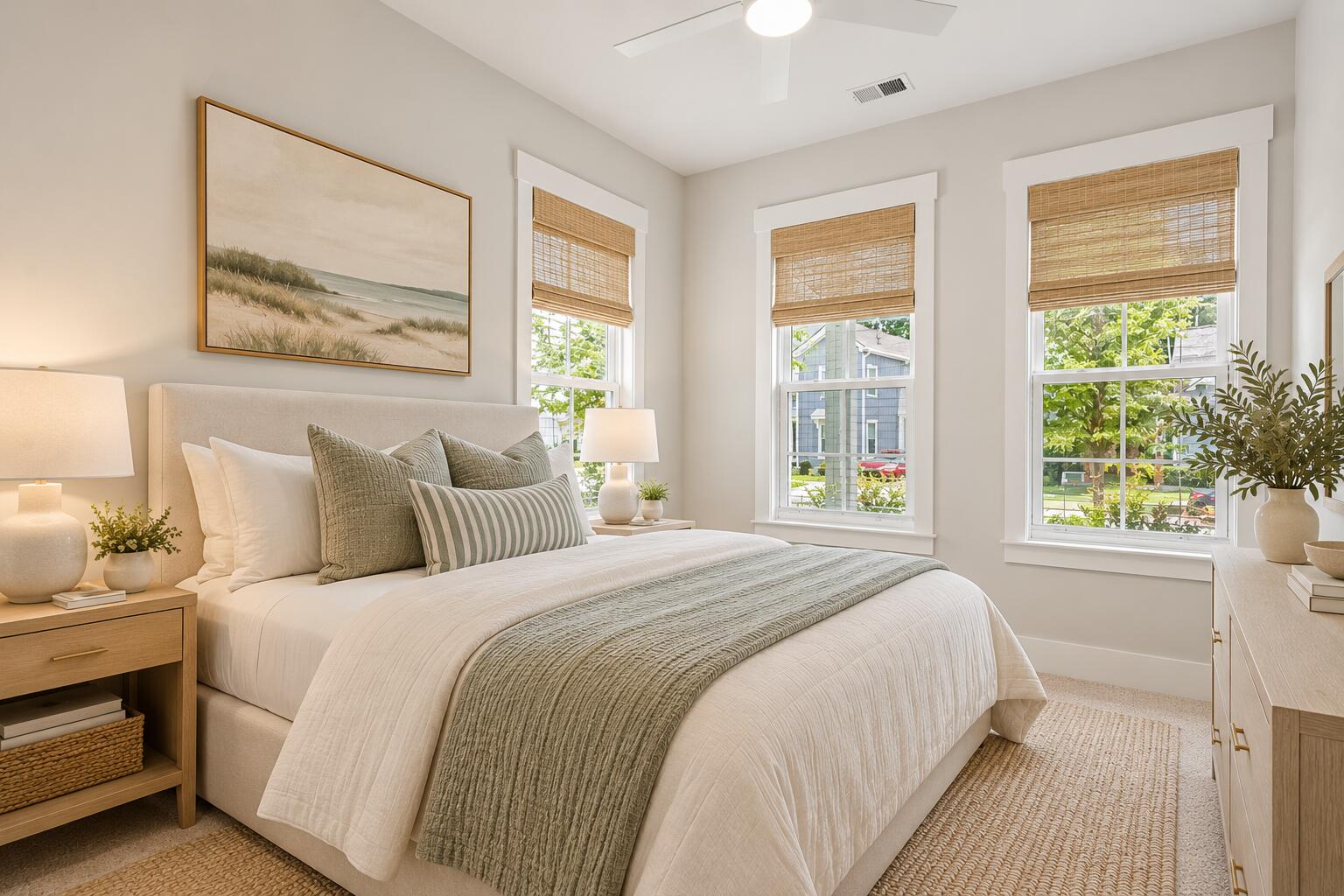 Bright bedroom with a white bed, sage accent pillows, and three windows with bamboo shades.