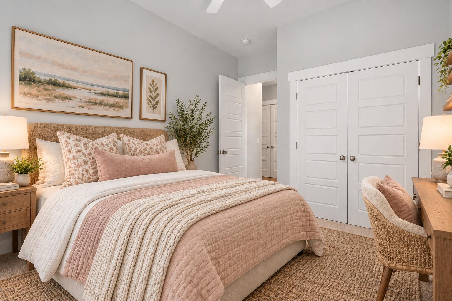 Bedroom with blush-pink and white bedding, framed wall art, and white paneled closet doors.