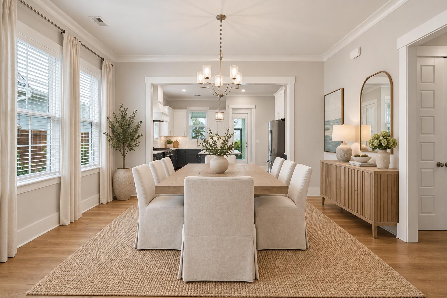 Dining room with a wood table, upholstered chairs, and a wide opening to the kitchen.