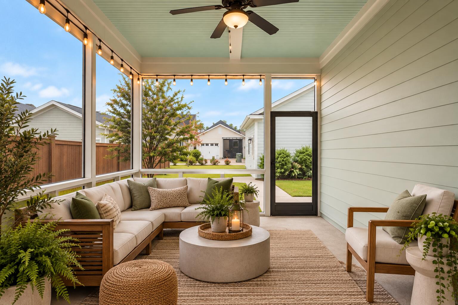 Covered patio with a cushioned sectional, round coffee table, ceiling fan, and string lights overlooking a fenced yard.