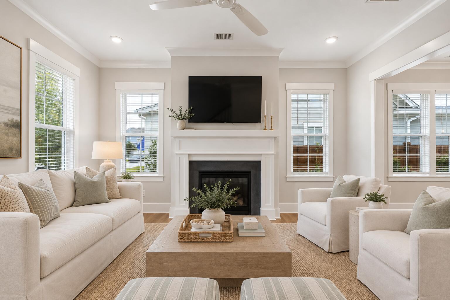 Staged living room with a white fireplace, large television, neutral seating, and multiple bright windows.
