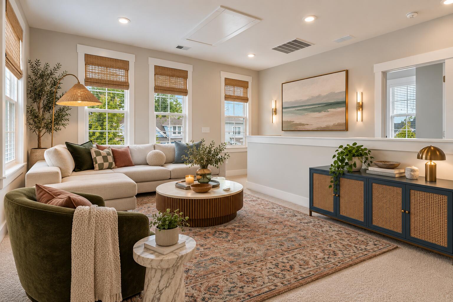 Furnished living room with a cream sectional, green chair, patterned rug, and blue cane-front console.