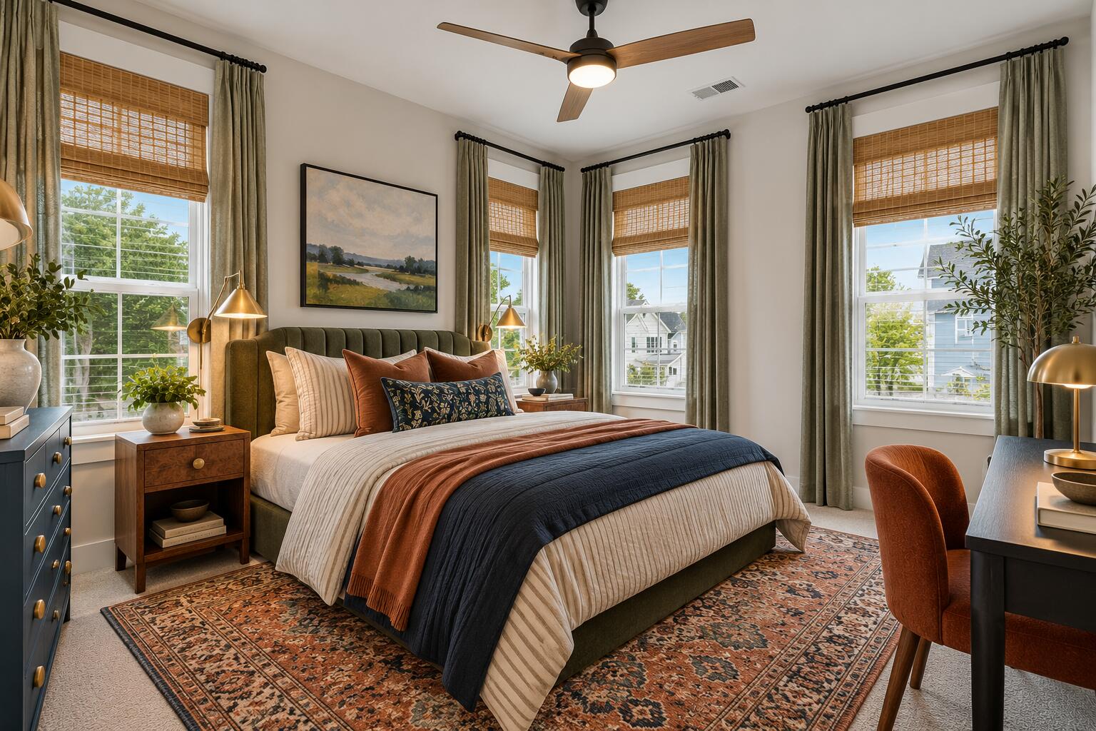 Bedroom with a rust-and-navy-dressed bed, patterned rug, and several tall curtained windows.