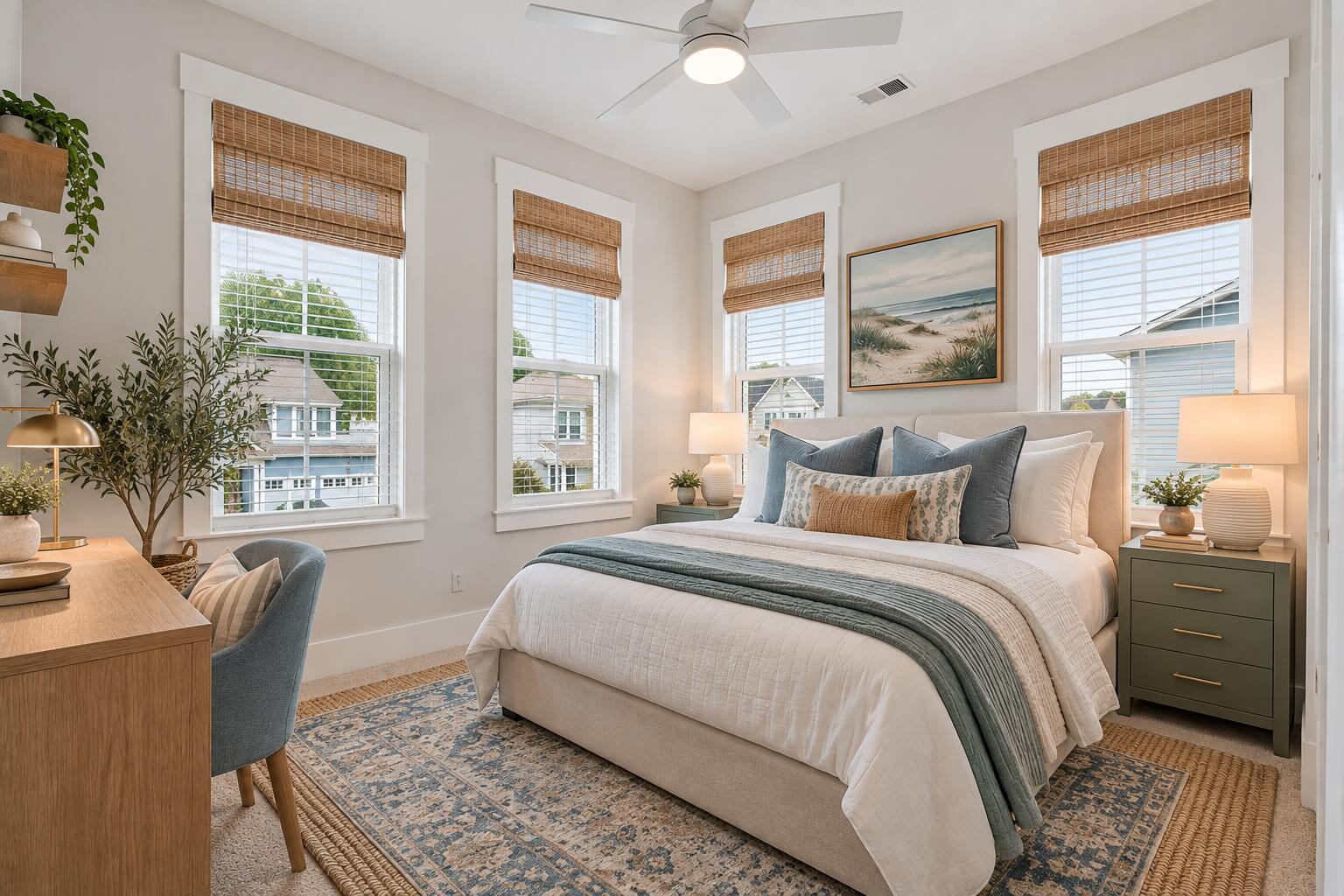 Furnished bedroom with a white bed, blue accents, woven window shades, and a coastal landscape painting.