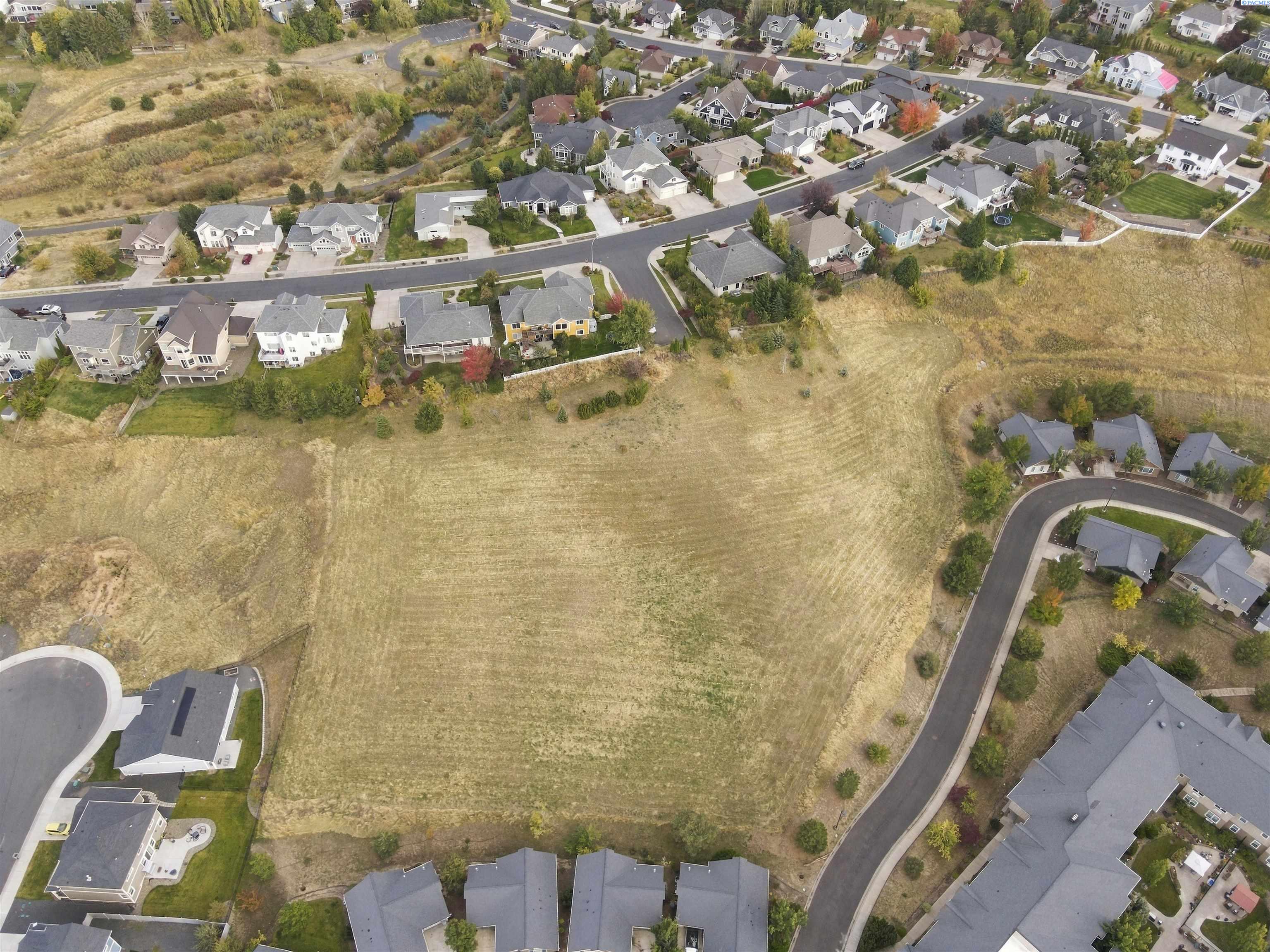 Aerial view looking down on the grassy parcel with streets and houses on two sides