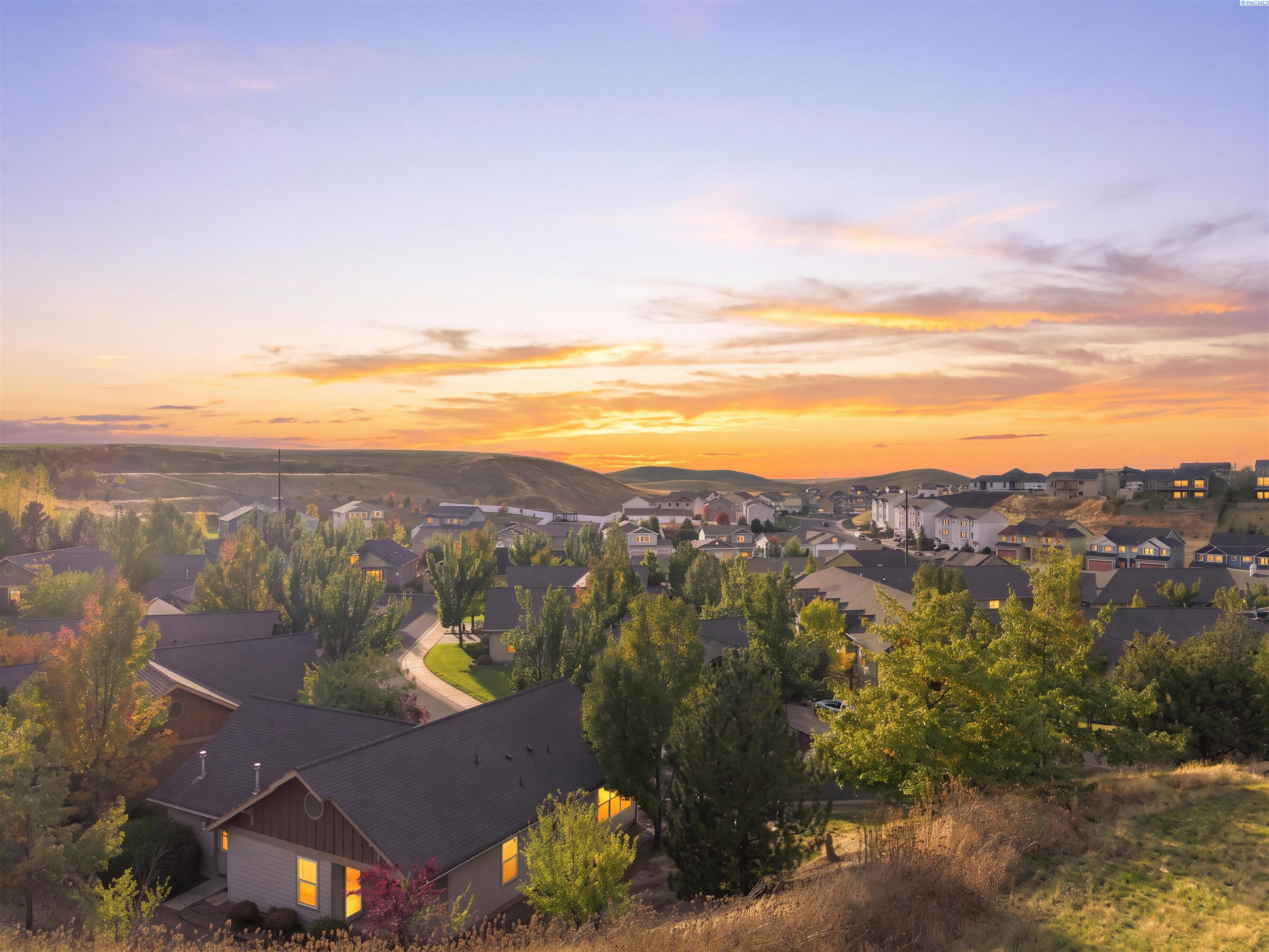 Dusk view from the slope over tree tops and neighborhood roofs toward distant hills
