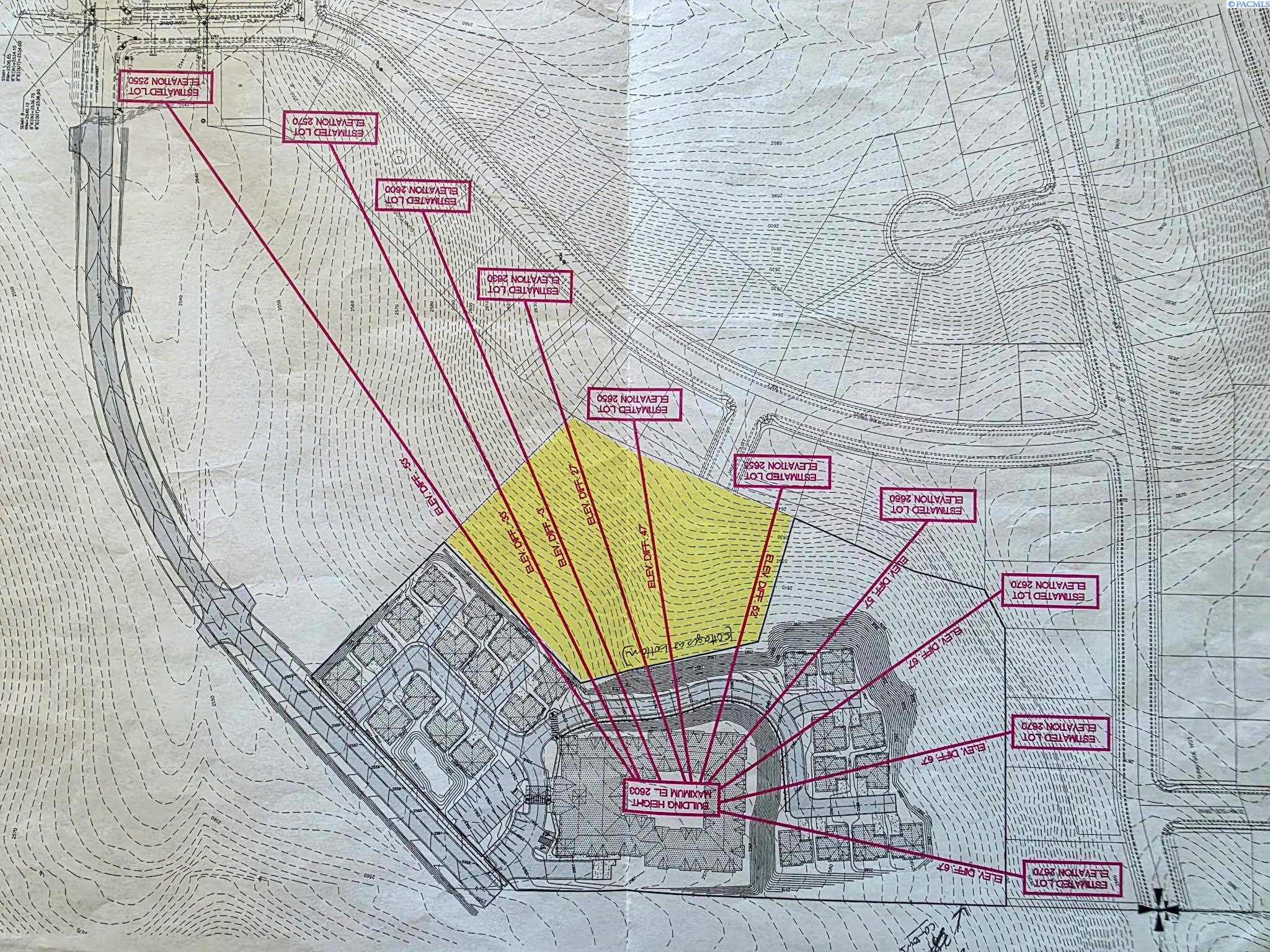 Marked up site plan with the parcel highlighted in yellow and estimated lot elevations labeled around it