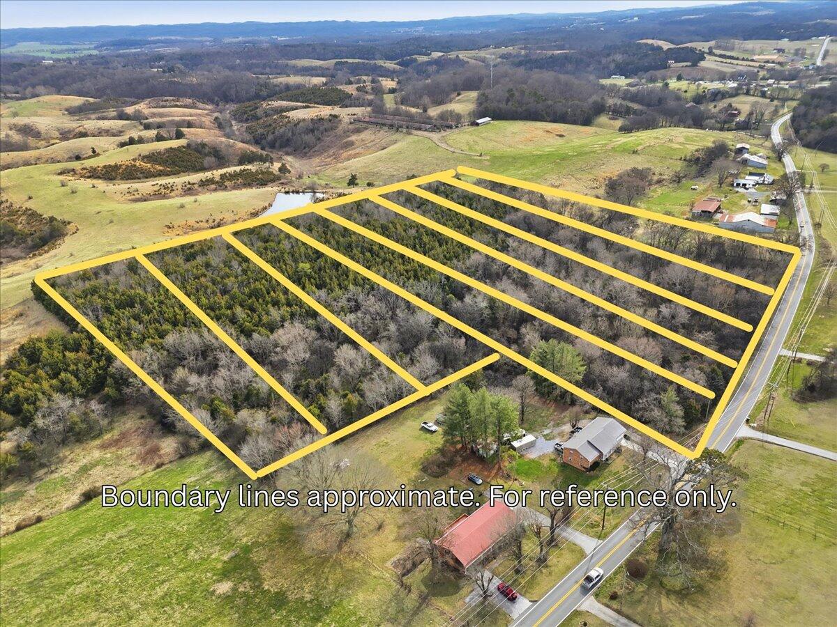 Aerial view of wooded property parcels outlined in yellow beside a rural road and surrounding pasture.