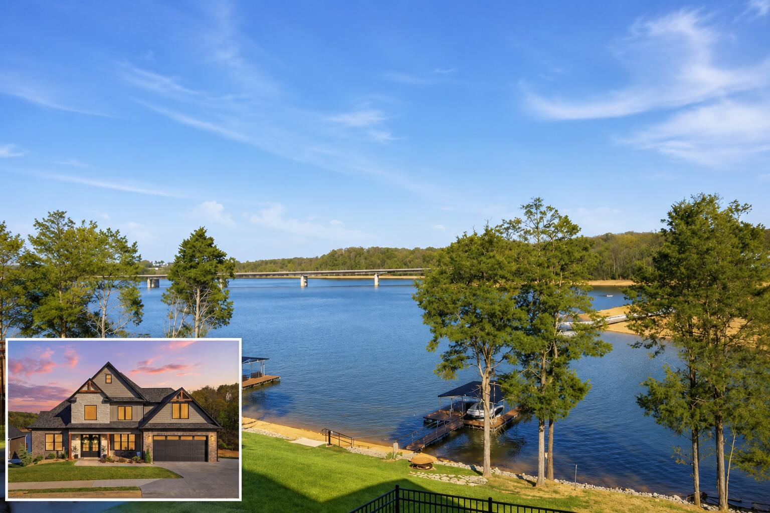 Waterfront home beside a lake and bridge, with an inset showing its stone facade and garage.