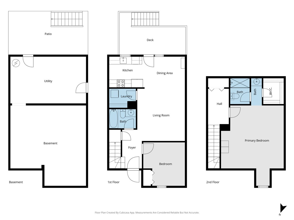 Floor plan showing the basement, first floor, and second floor, with labeled rooms and outdoor spaces.