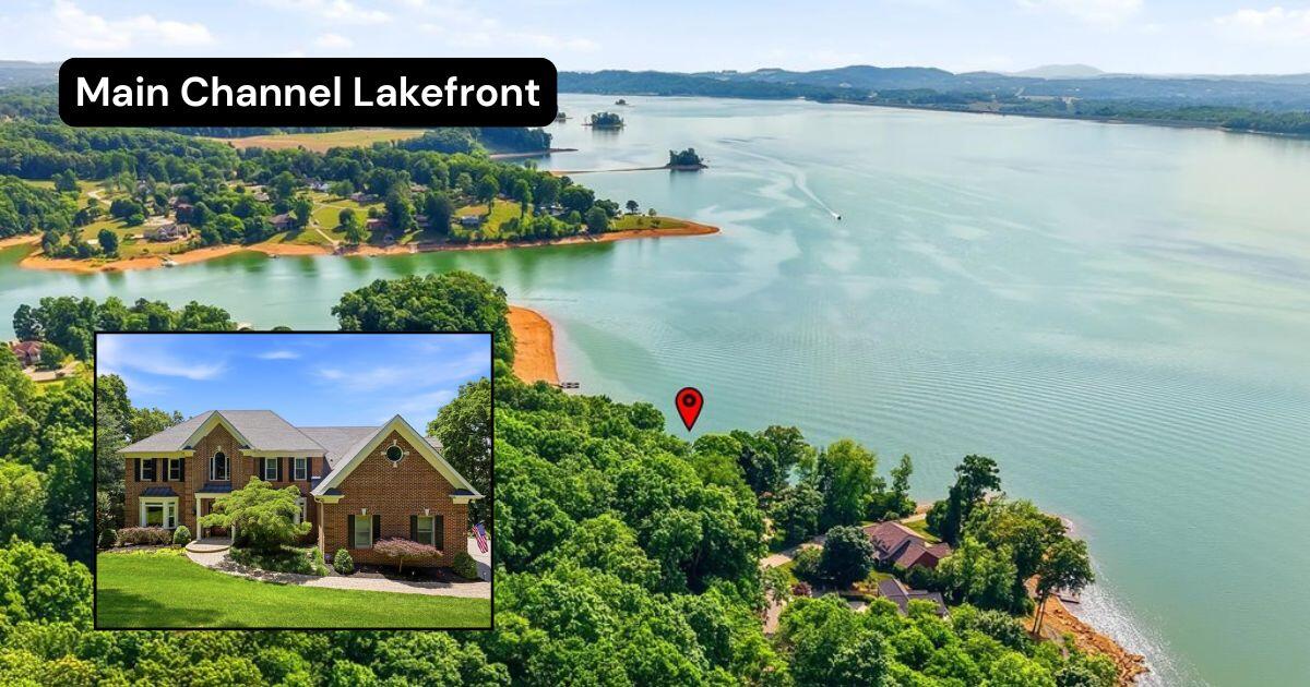Lakefront property aerial with a red location pin and an inset view of a large brick house.