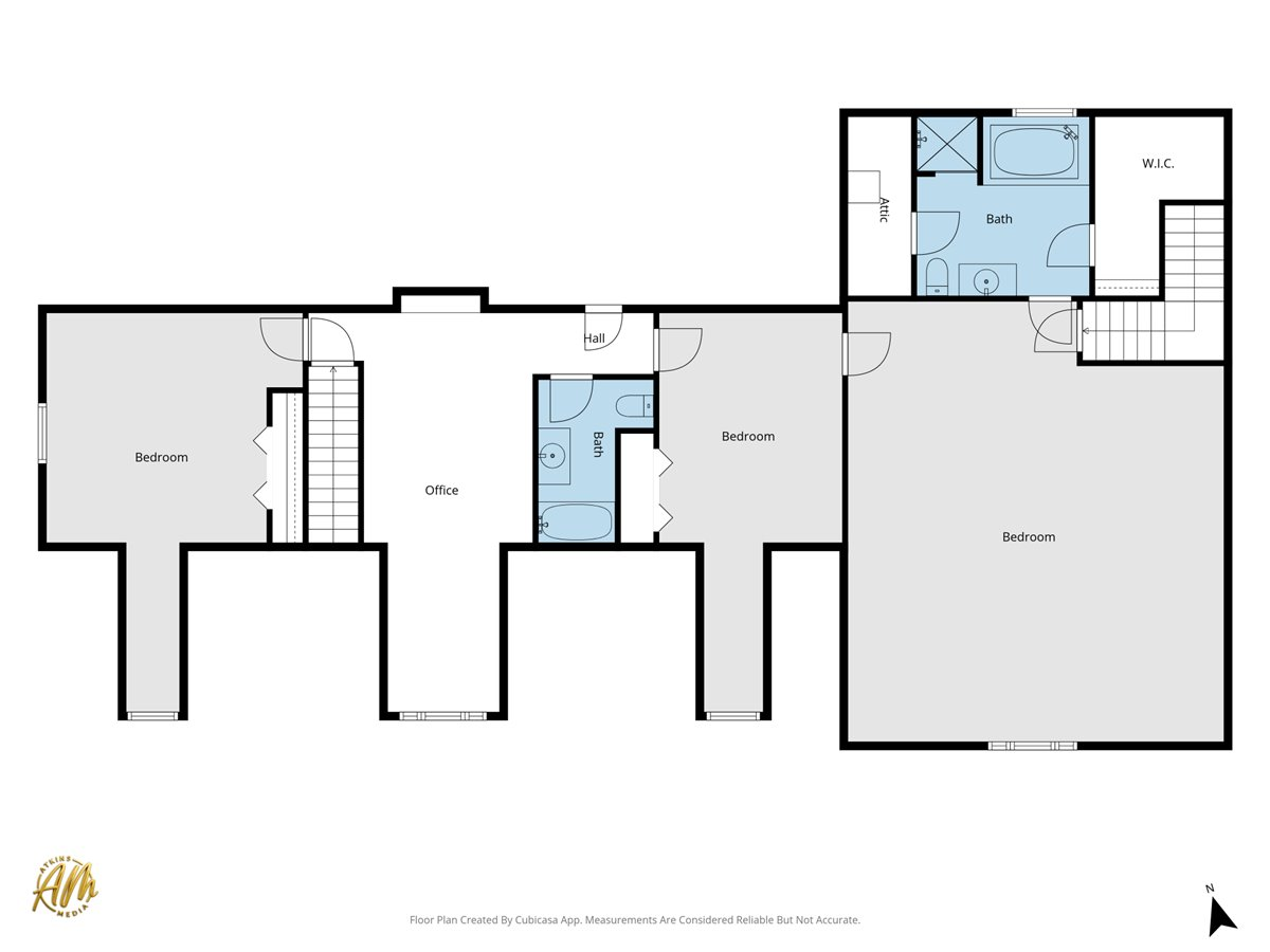 Floor plan showing three bedrooms, an office, two baths, an attic, walk-in closet, and stairs.