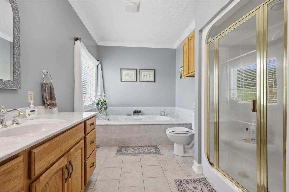Primary bathroom with a soaking tub, wood vanity, and glass shower with gold-toned framing.