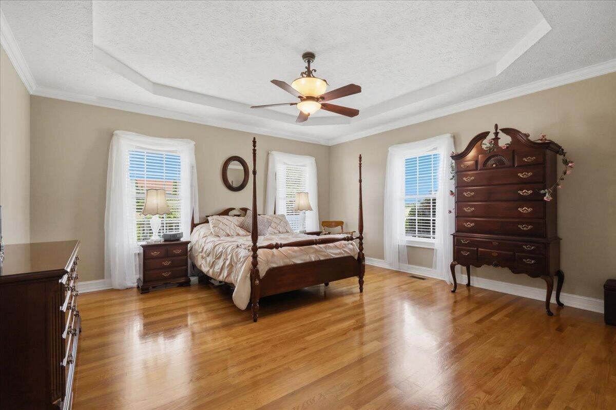 Bedroom with a four-poster bed, dark wood dressers, hardwood floors, and a tray ceiling.
