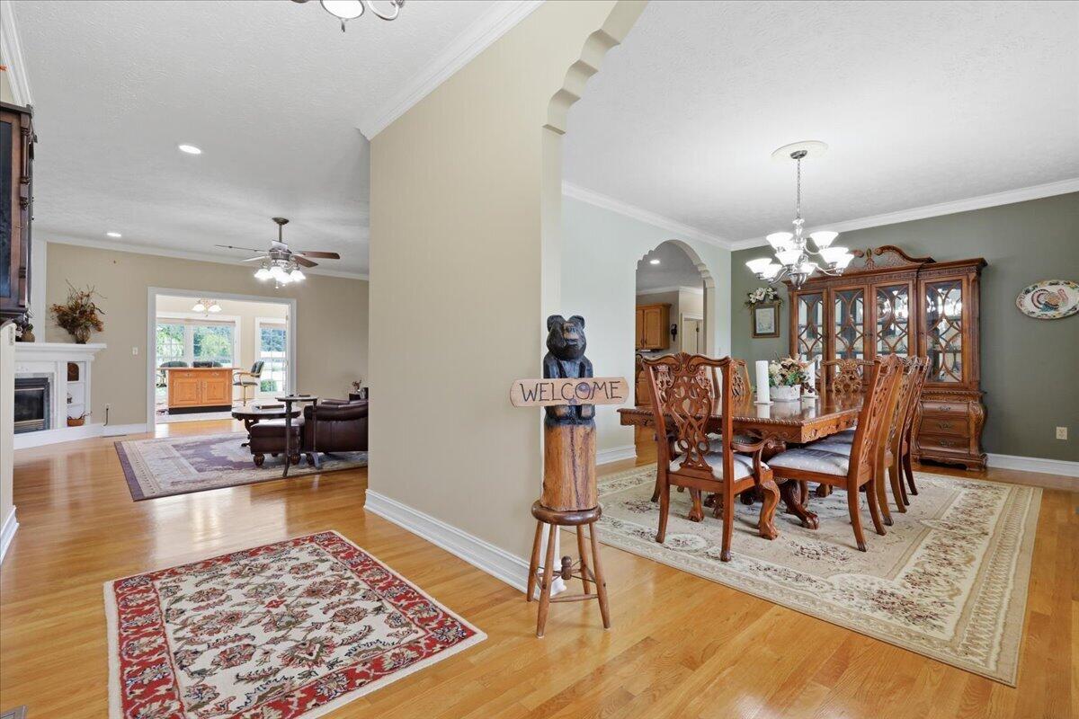 Open living and dining area with hardwood floors, a fireplace, and an ornate formal dining set.