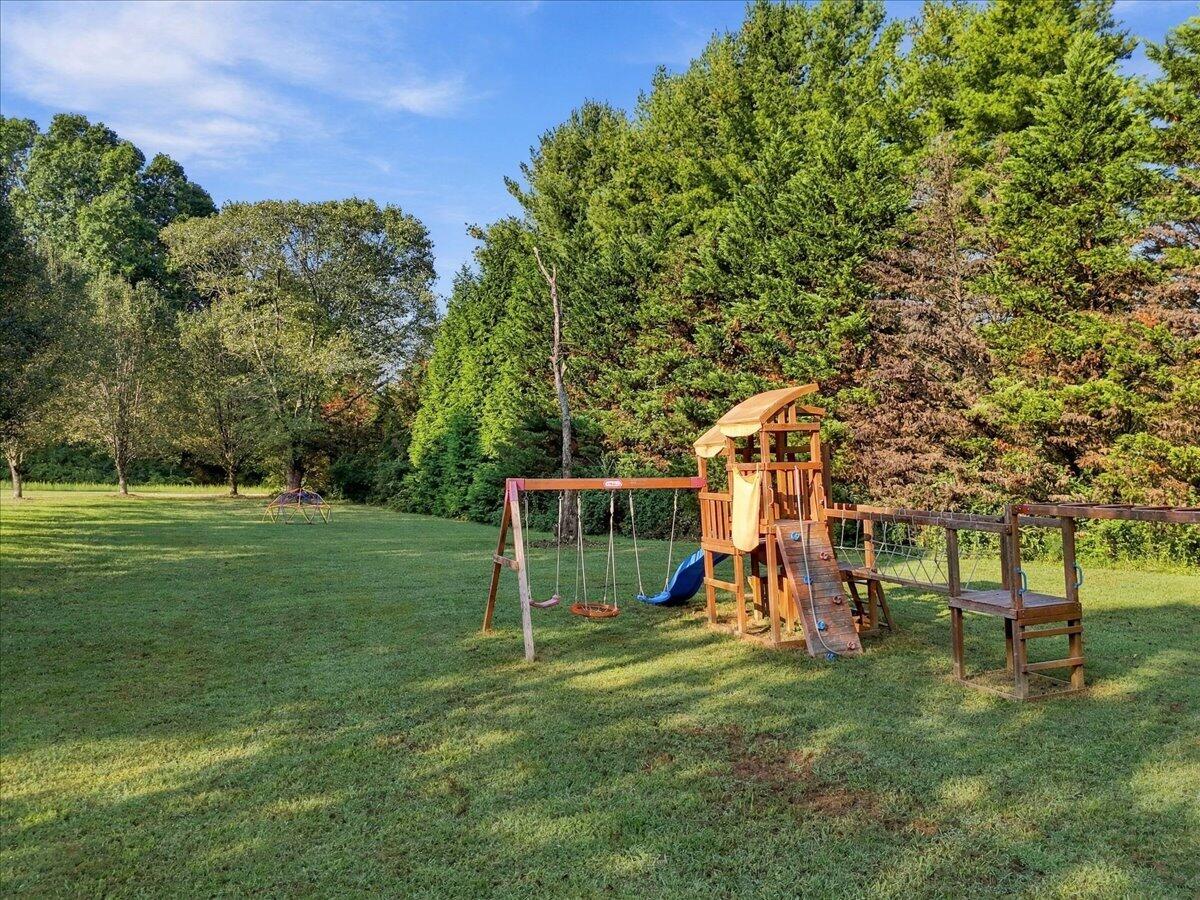 Grassy backyard with a wooden playset, swings, and slide, backed by mature trees.