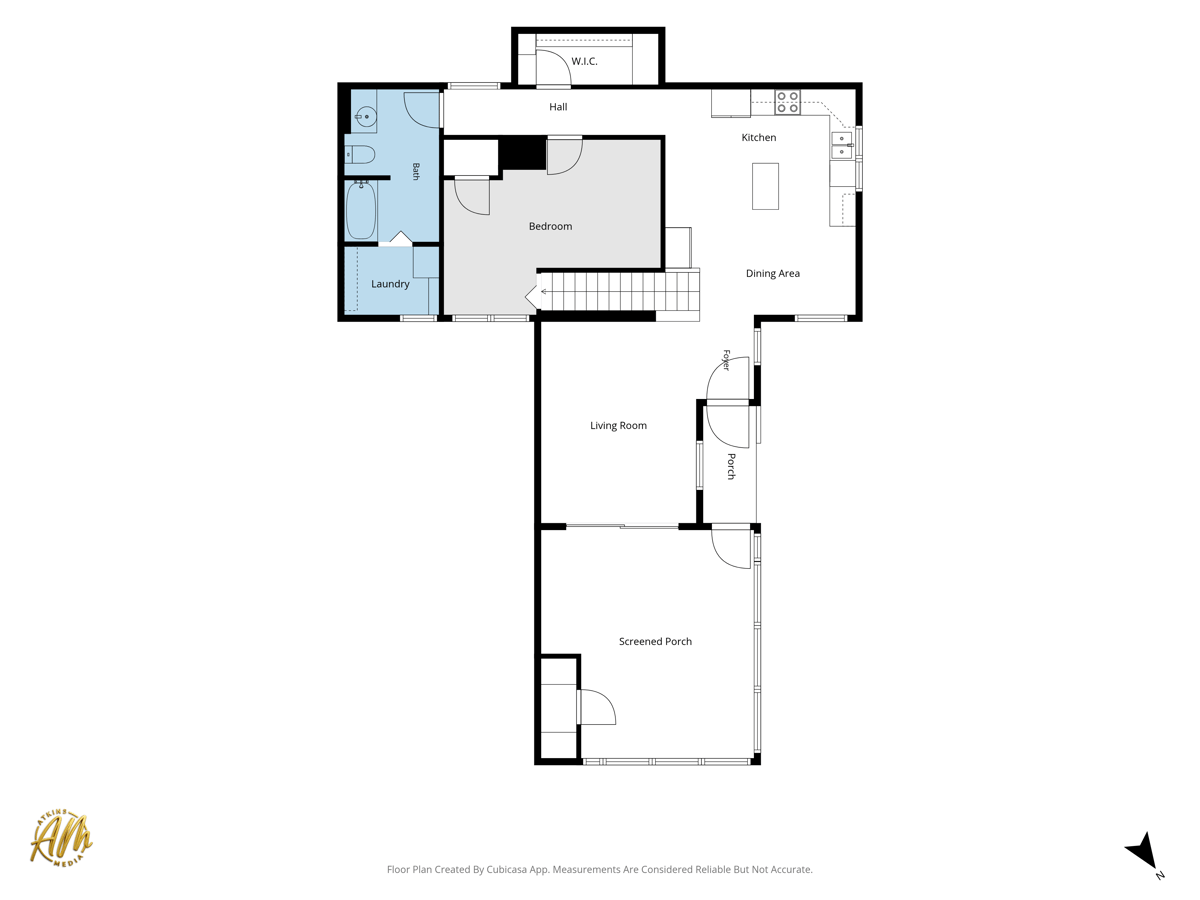 Floor plan showing a bedroom, bath, kitchen, living room, and screened porch.