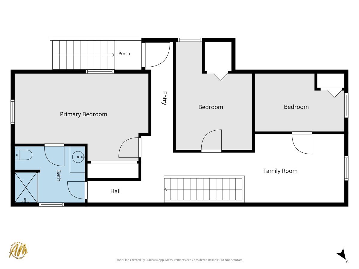 Floor plan showing a primary bedroom, two bedrooms, one bathroom, a porch, and family room.