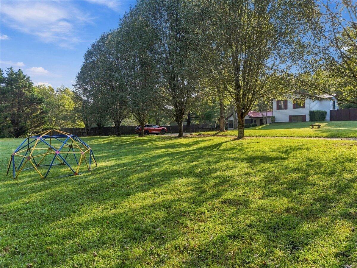 Grassy yard with mature trees, a colorful climbing dome, and a white house on a rise.