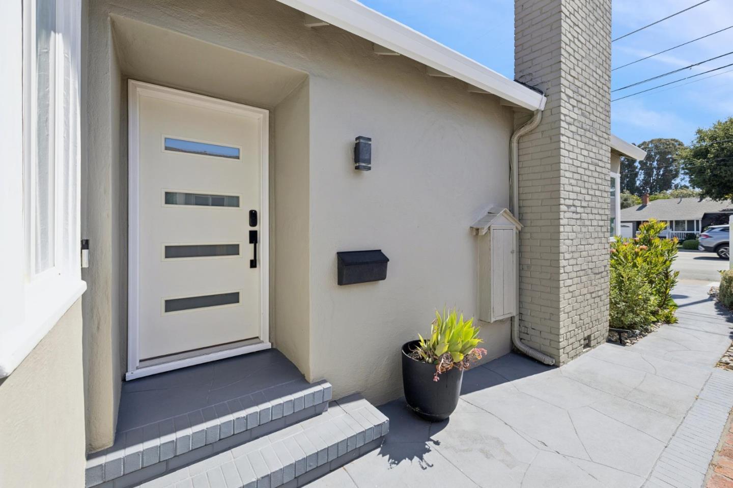 Home entrance with a white four-window door, gray tiled steps, and a potted plant.