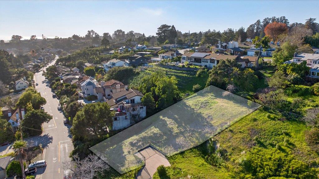 Aerial view of a Santa Cruz neighborhood with homes, mature trees, and green open land.