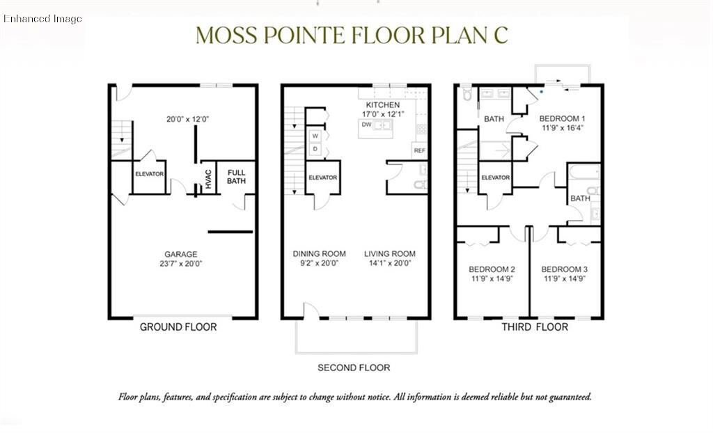 Three-level Moss Pointe Floor Plan C with a garage, kitchen, living and dining rooms, and three bedrooms.