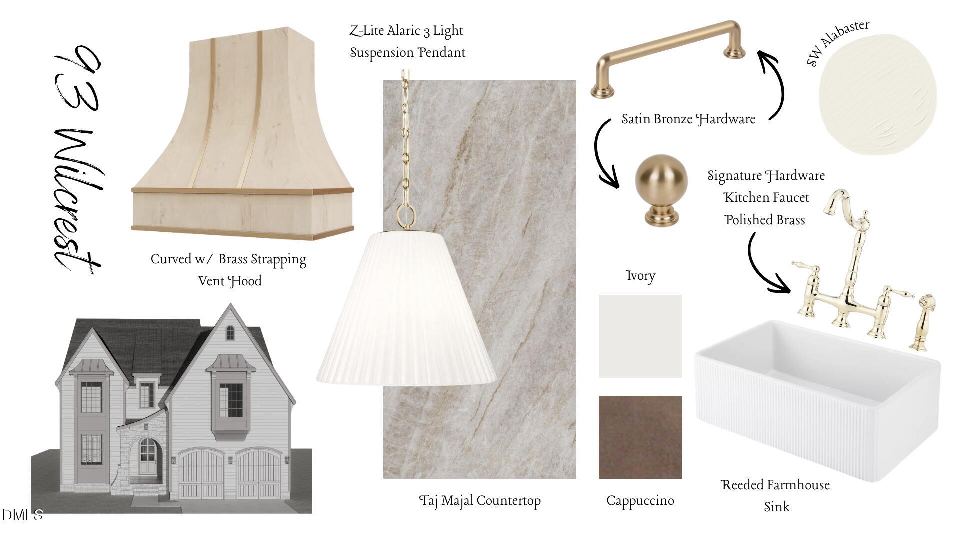 Design selections for 93 Wilcrest, including a brass-accented hood, Taj Mahal countertop, and reeded farmhouse sink.