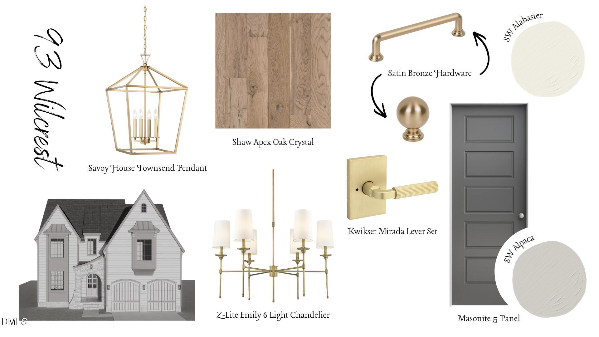 Design board for 93 Wilcrest with a house rendering, oak flooring, brass fixtures, a gray door, and paint swatches.