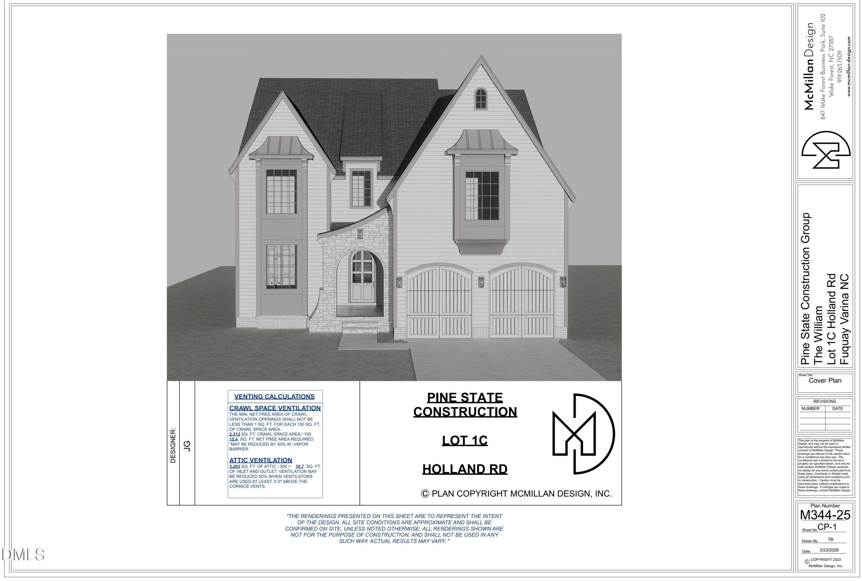 Front exterior rendering of a two-story house with stone entry, steep roof, and two garage doors.